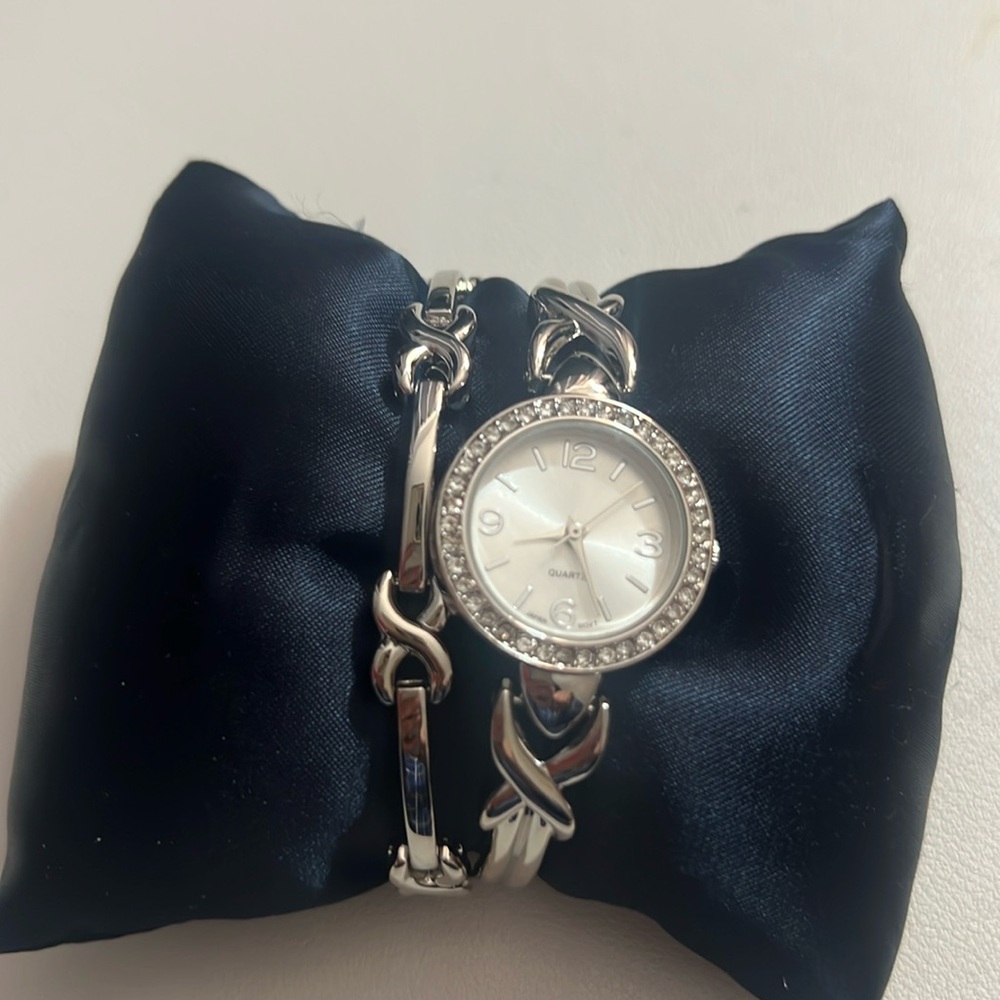 Bracelet Watch, Rhinestones, Silvertone Metal Band, WORKING!